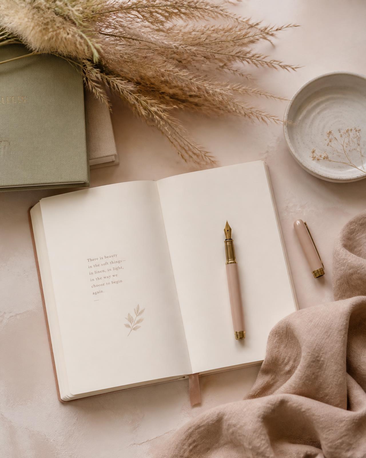 Open notebook with fountain pen and pampas grass on a soft pastel desk